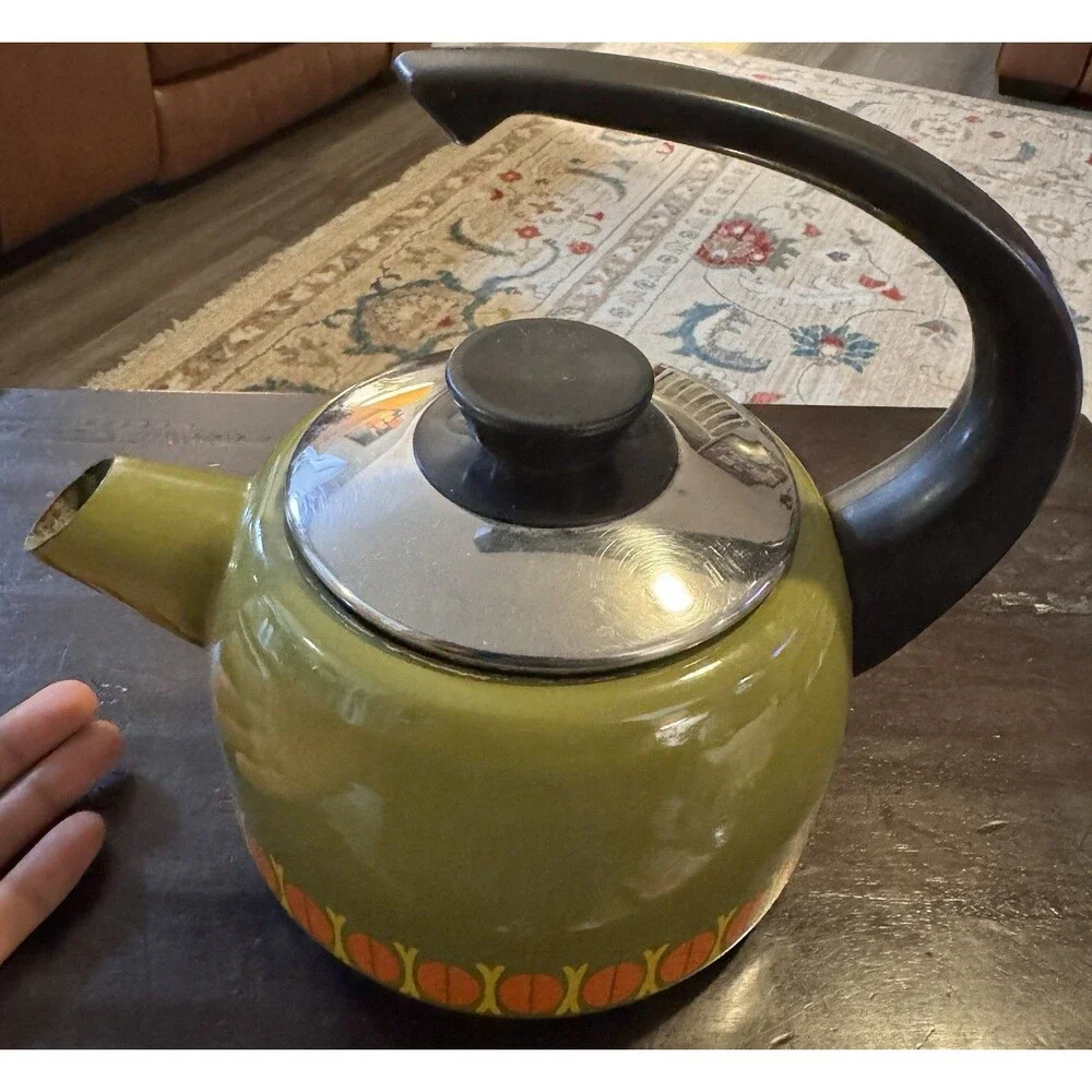 VTG 1960s enamel Teapot made in Austria Avocado Green - Orange Arching Handle